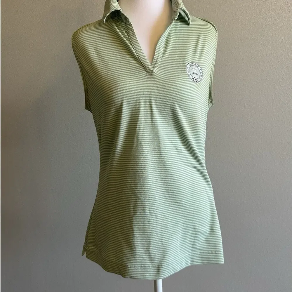 Nike Golf Shirt Womens Green White Striped Sleeveless Polo Tank Logo PGA Tour S